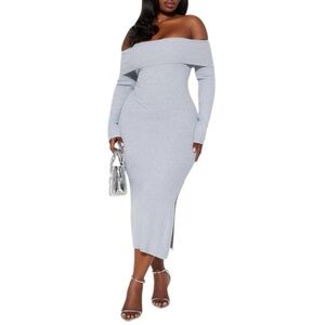 Plus Size, Fashion Nova Gray Ribbed Off-Shoulder Long Sleeve Dress, 2X